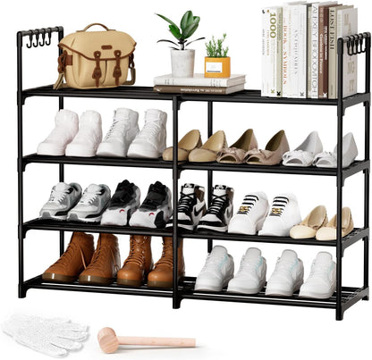 3 Row 4 Tier Long Shoe Rack, Black Metal Stackable Shoe Shelf with Multifunctional Hooks, Shoe Storage Hold 24-30 Pairs, Space Saving Shoe Organizer for Closet,Wide Shoe Rack