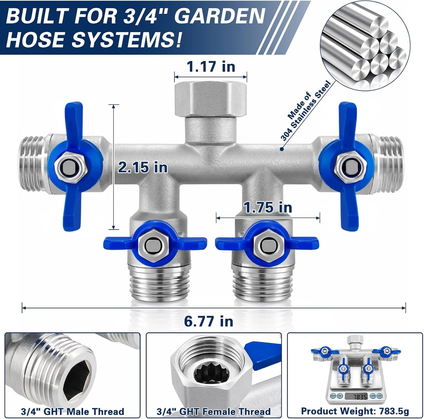304 Stainless Steel Garden Hose Splitter 2 Way, Heavy Duty 3/4" GHT Y Hose Splitter with Shut-Off Valves, Full Flow Outdoor Faucet Connector with Wrench