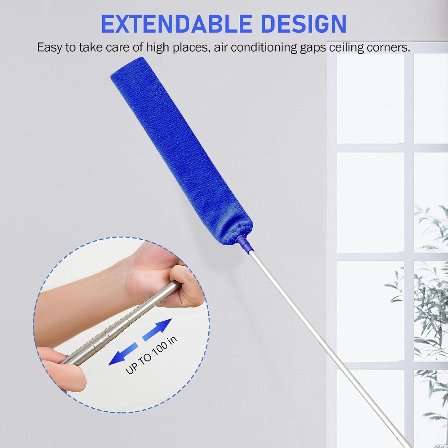 SetSail Extra-Long Dusters with Extension Pole 100-inch for Cleaning, Bendable Microfiber Head Washable Ceiling Fan Duster for High Ceilings, Furniture