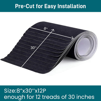 6" x 30" Anti Slip Traction Treads Tape (12-Pack), Pre-Cut Grip Tape for Stair Steps Outdoor, Waterproof Black Non Slip Stair Treads for Floor Safety, Easy to Install