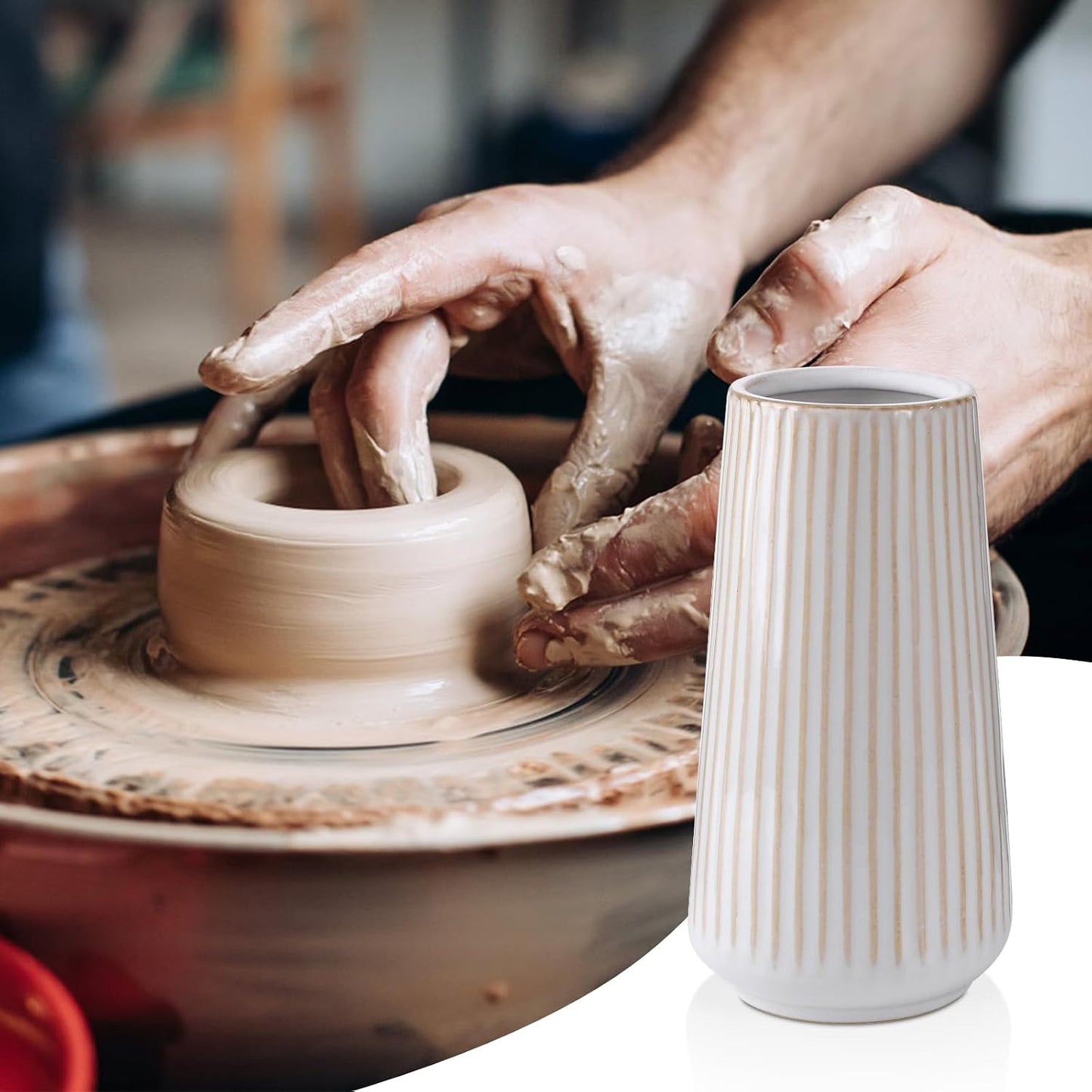 White Ceramic Vase, GUKJOB Small Cute Flower Vase for Pampas Grass, Home, Living Room, Dining Table, Farmhouse, Office Decor, Bedroom, Table, and Kitchen Shelf (White- 2PCS)