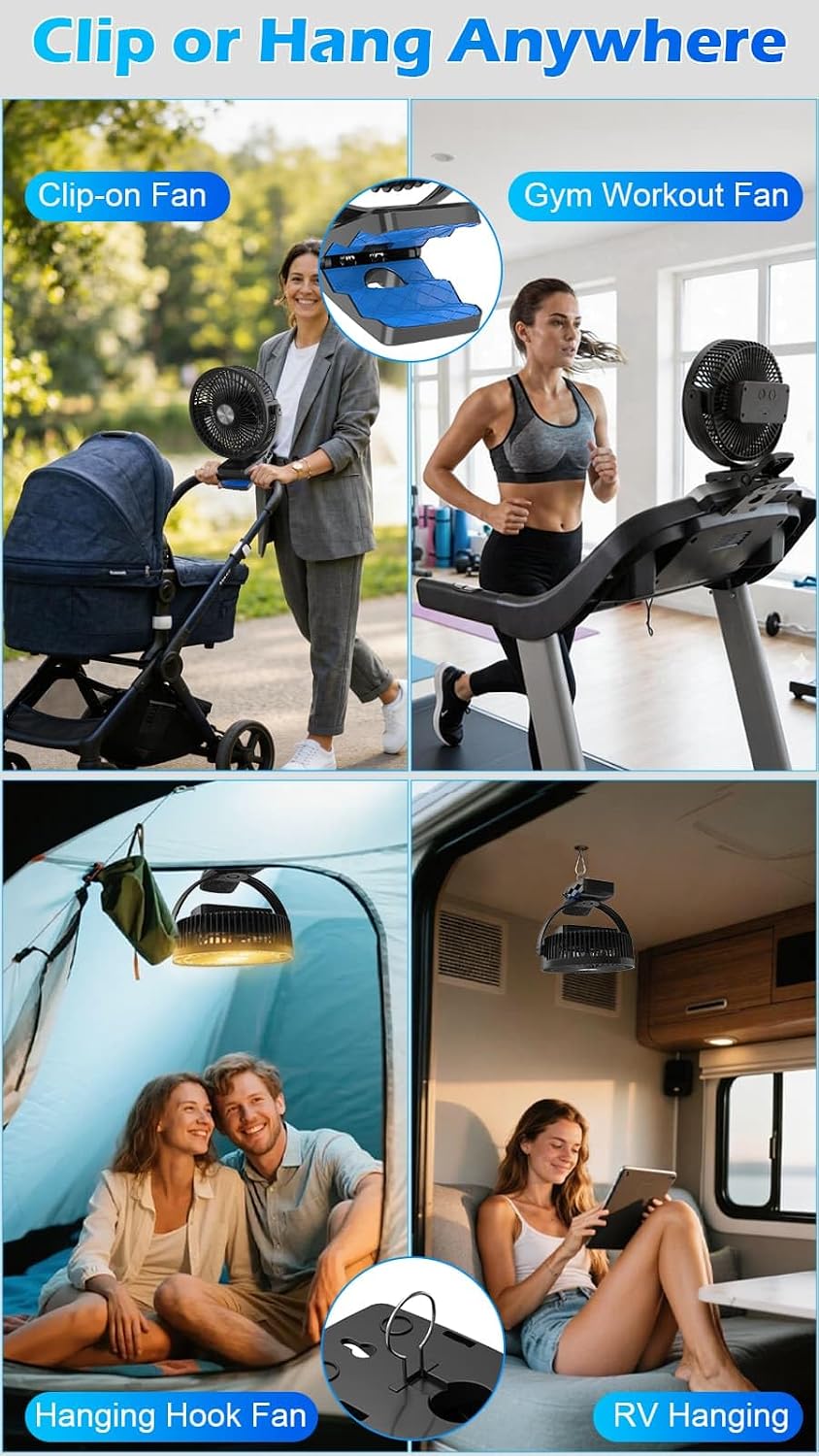 Meudeen 5000mAh Rechargeable Clip on Fan - 6 Inch Portable Fan - with Timer & LED Lantern - Battery Powered Golf Cart Fan - 5 Speeds Quiet Small Desk Fan for Camping - Stroller - Bedroom