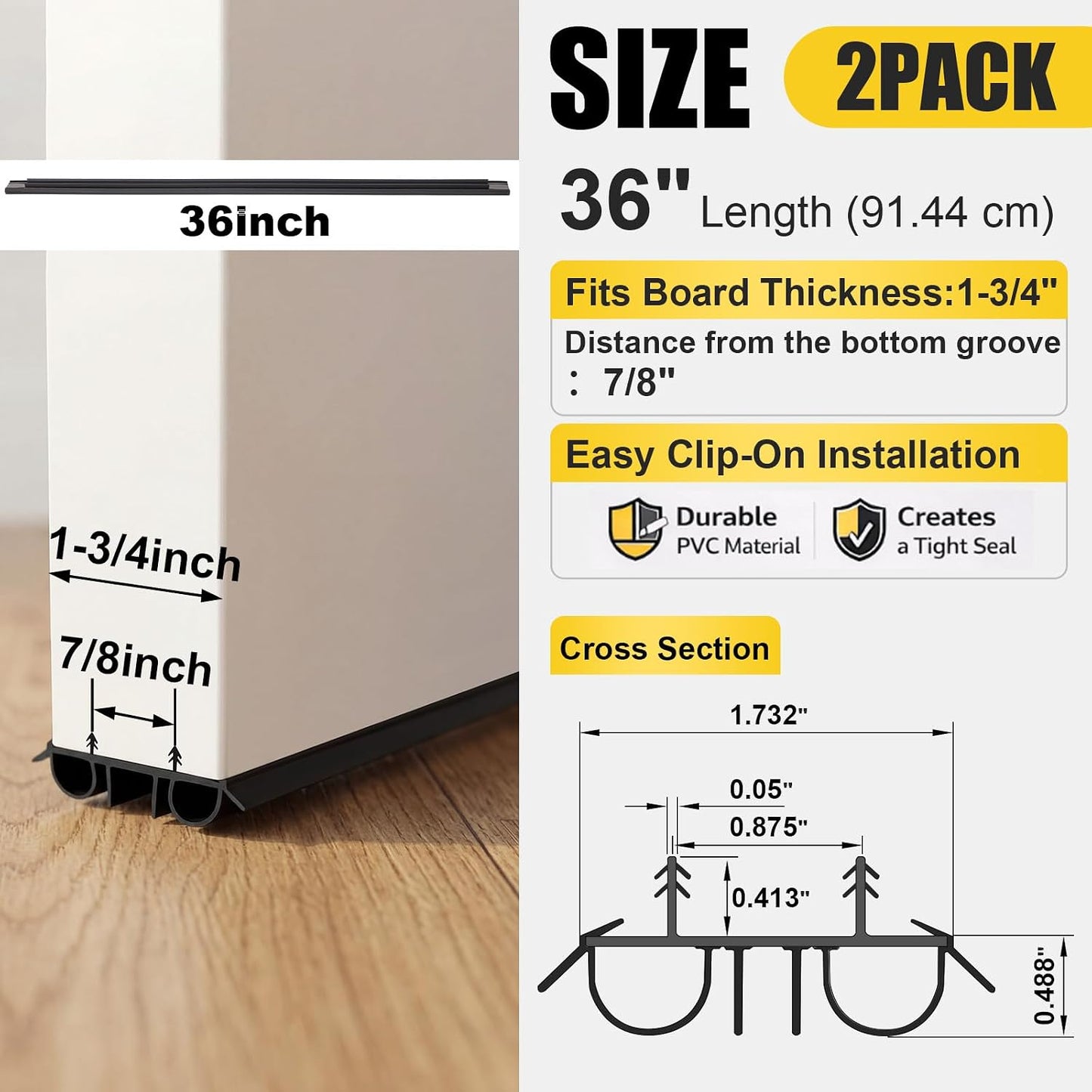 Pushglossy 2 Pcs 36" Double Bubble Kerf Door Sweep 1-3/4" Wide Vinyl Weatherstrip Seal for Exterior Doors, Energy Efficient Draft Stopper, Easy Slide in Installation, Blocks Dust/insects/noise (White)