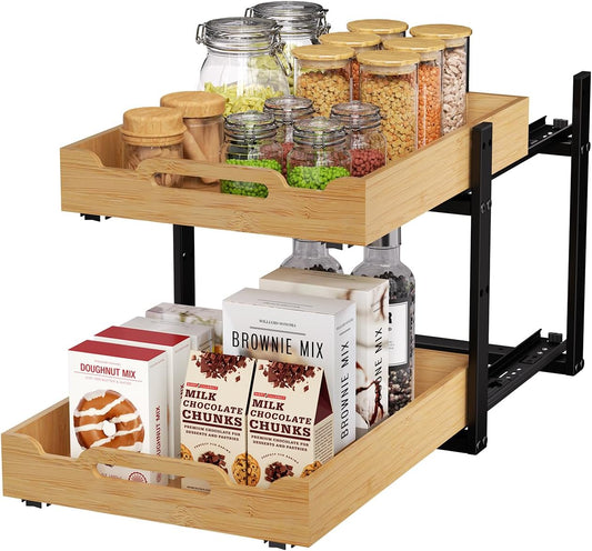 Golener Pull Out Cabinet Organizer - 2-Tier Slide Out Bamboo Drawers for Kitchen Cabinets, Bathroom Organizers and Storage, Under Sink Organizer for Kitchen Storage Organization with Coated Iron Frame