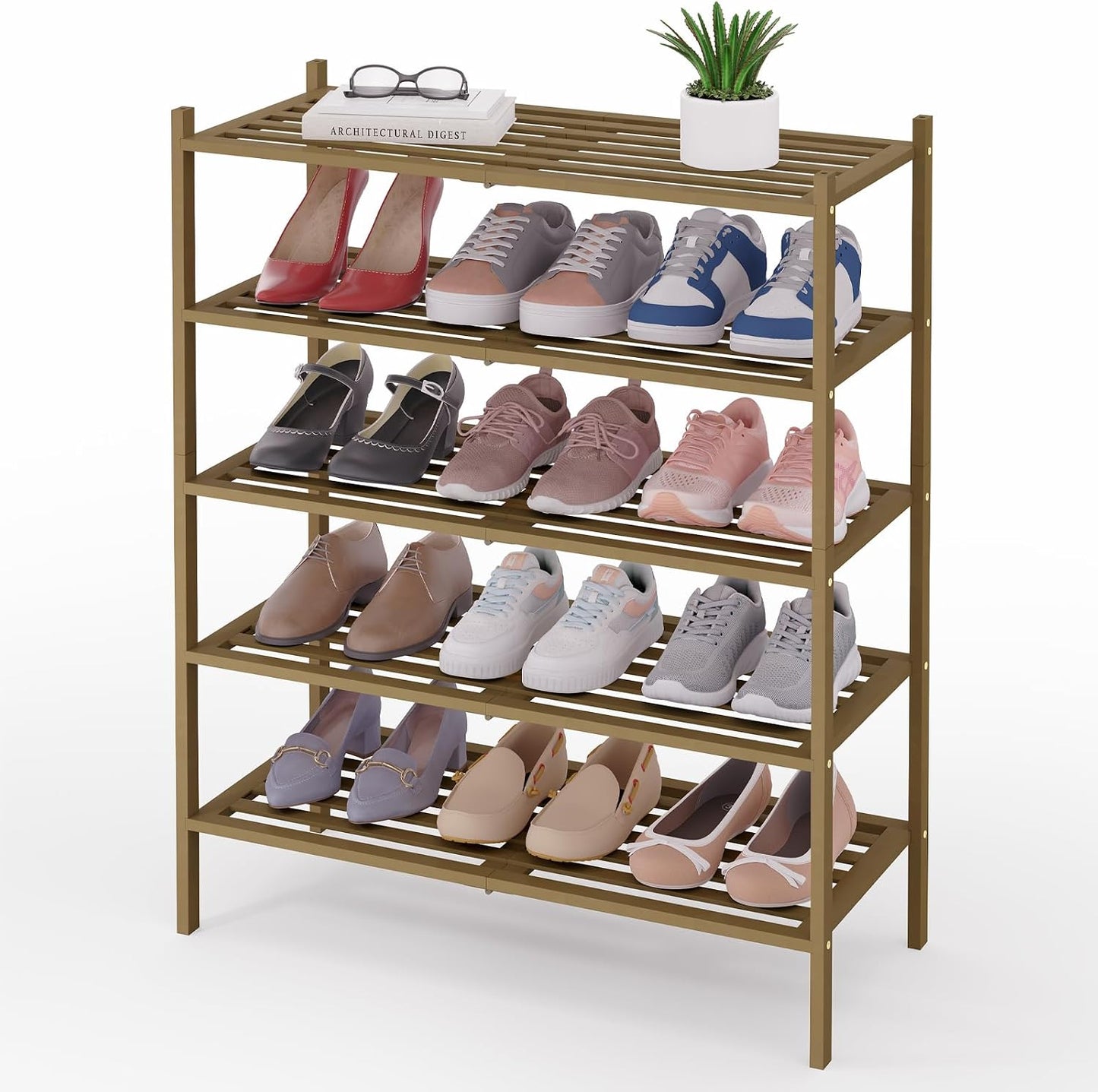 Smiry Bamboo Shoe Rack, 3 Tier Free Standing Wooden Shoe Organizer, Stackable Wood Shoe Storage Shelf for Closet, Entryway, 5 Horizontal Slats, 26.8"x11"x18.3", Natural