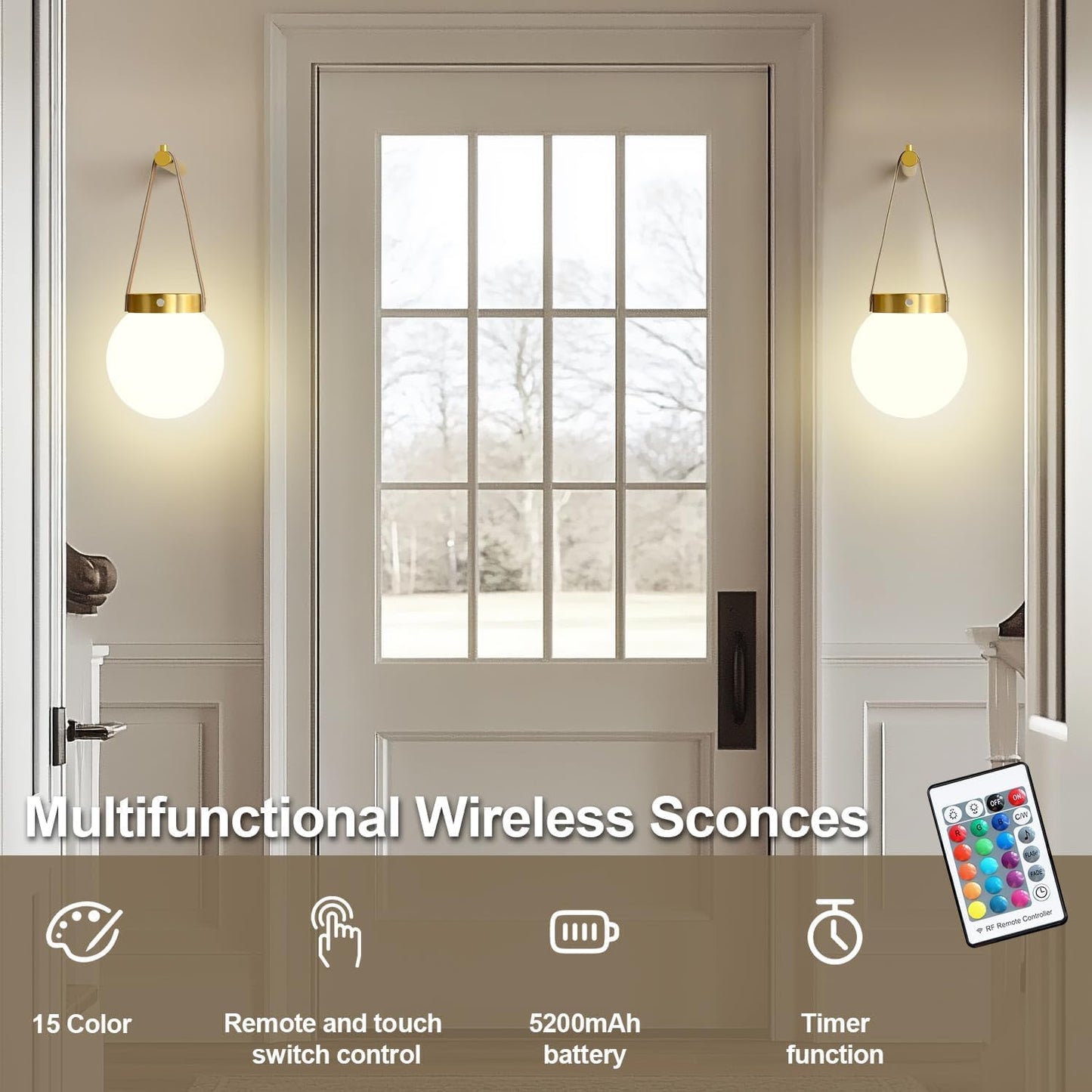 Battery Operated Wall Sconces Set of 2, Gold Wall Lamps for Bedroom with Remote Control Warm/Natural/Daylight/RGB 15 Colors Dimmable Rechargeable Wireless Globe Wall Lights Retro Living Room Hallway
