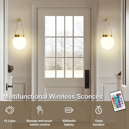 Battery Operated Wall Sconces Set of 2, Gold Wall Lamps for Bedroom with Remote Control Warm/Natural/Daylight/RGB 15 Colors Dimmable Rechargeable Wireless Globe Wall Lights Retro Living Room Hallway