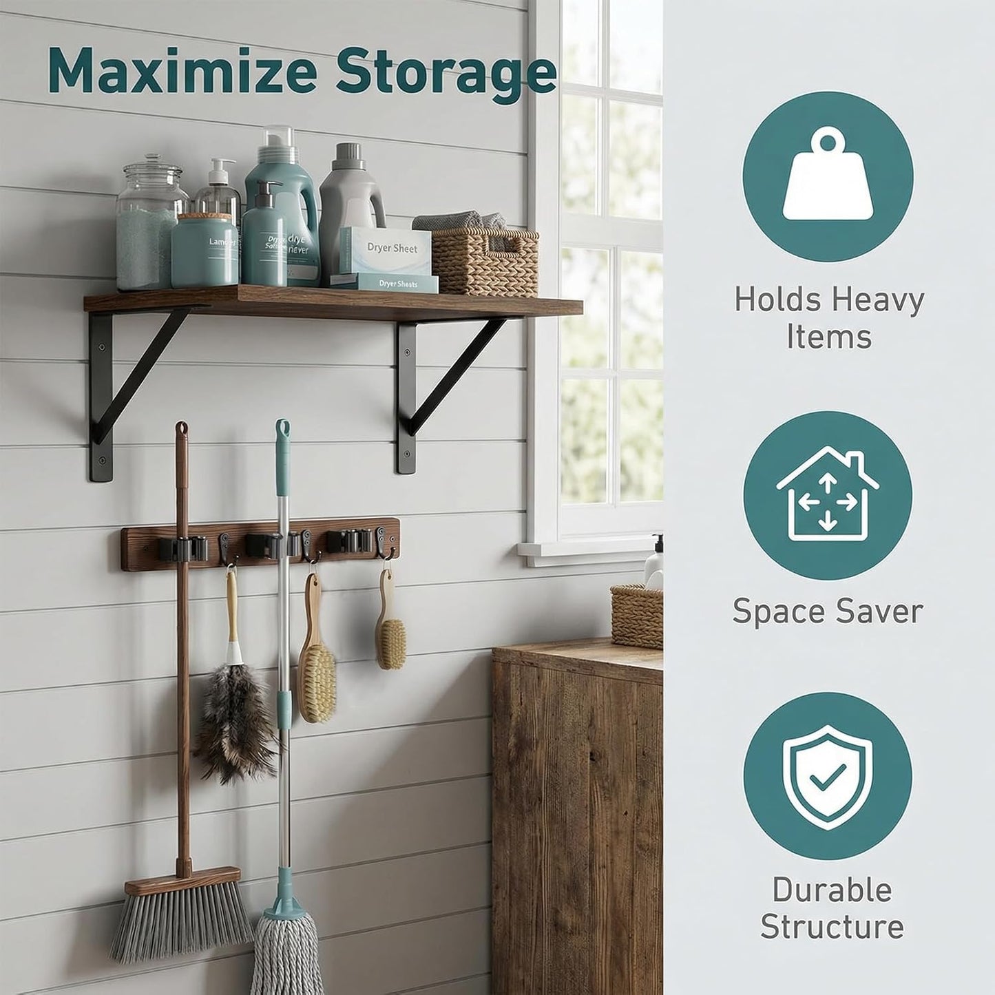 Broom and Mop Organizer Wall Hanging with Cleaning Supplies Organizer Shelf Rustic Farmhouse Wood Broom Mop Holder Storage Rack for Laundry Room Garage (1, Brown)