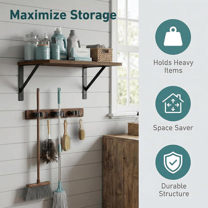 Broom and Mop Organizer Wall Hanging with Cleaning Supplies Organizer Shelf Rustic Farmhouse Wood Broom Mop Holder Storage Rack for Laundry Room Garage (1, Brown)