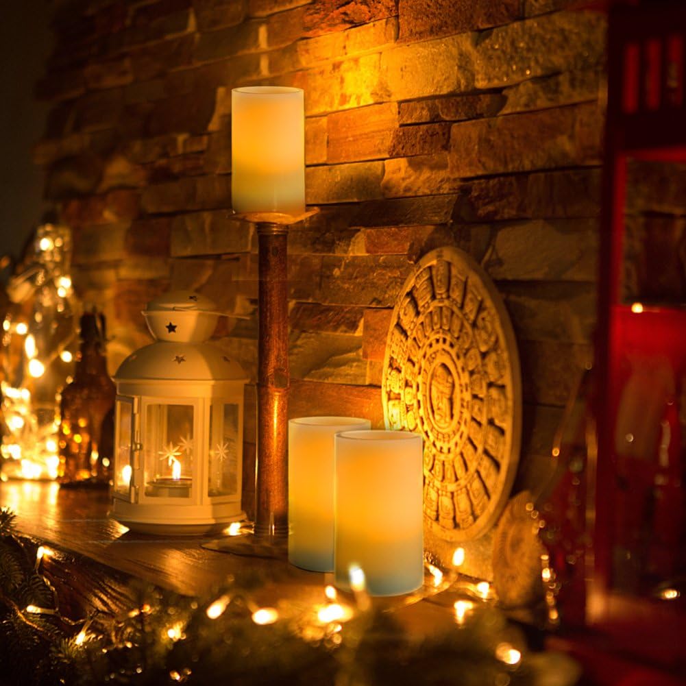 Homemory 9" x 3" Flameless Candles Battery Operated, Flickering LED Pillar Candles with Timers and 2 Remote Controls, Indoor Only, Flat Top, Ivory White Wax, Set of 2