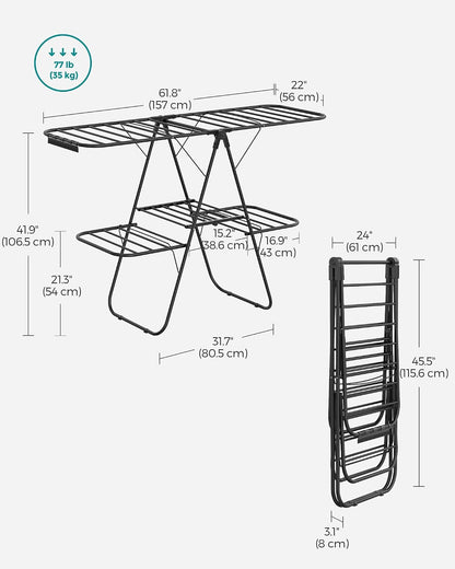 SONGMICS Clothes Drying Rack, with Sock Clips, Metal Laundry Rack, Foldable, Space-Saving, Free-Standing Airer, with 2 Height-Adjustable Gullwings, Indoor Outdoor Use, Gray ULLR052G01