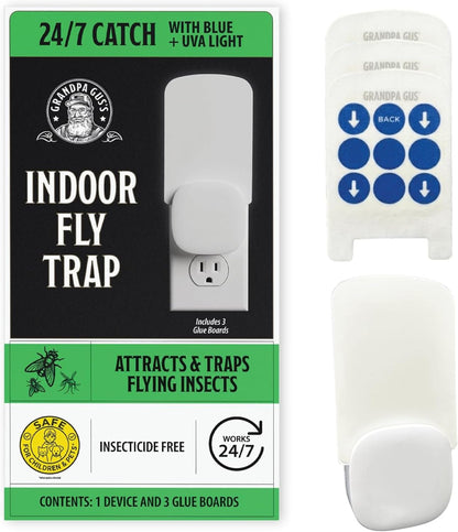Grandpa Gus’s Indoor Fly Trap Plug-In - UV Light Insect Catcher for Flies, Gnats, Fruit Flies, Mosquitoes & Moths - No Insecticides, Sticky Glue Trap for Kitchen, Garage, Includes 3 Refill Glue Boards
