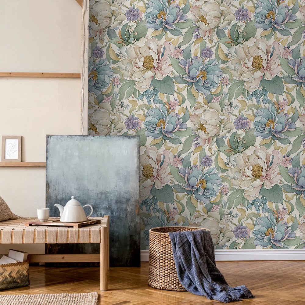 MuralPeel White Poppies Floral Modern Grey Peonies Flowers Peel and Stick Wallpaper Self Adhesive Removable Easy Peel Off Stick on Wall Paper for Bedroom Renter