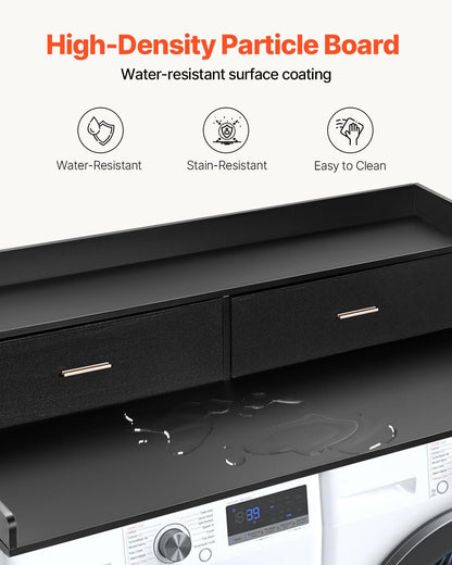 VEVOR Washer Dryer Countertop with 2-Tier Shelf, 54" x 27" Wooden Washer and Dryer Countertop with Anti-Slip Pads, Water-Resistant Laundry Topper Cover for Laundry Room Organization and Storage, Black