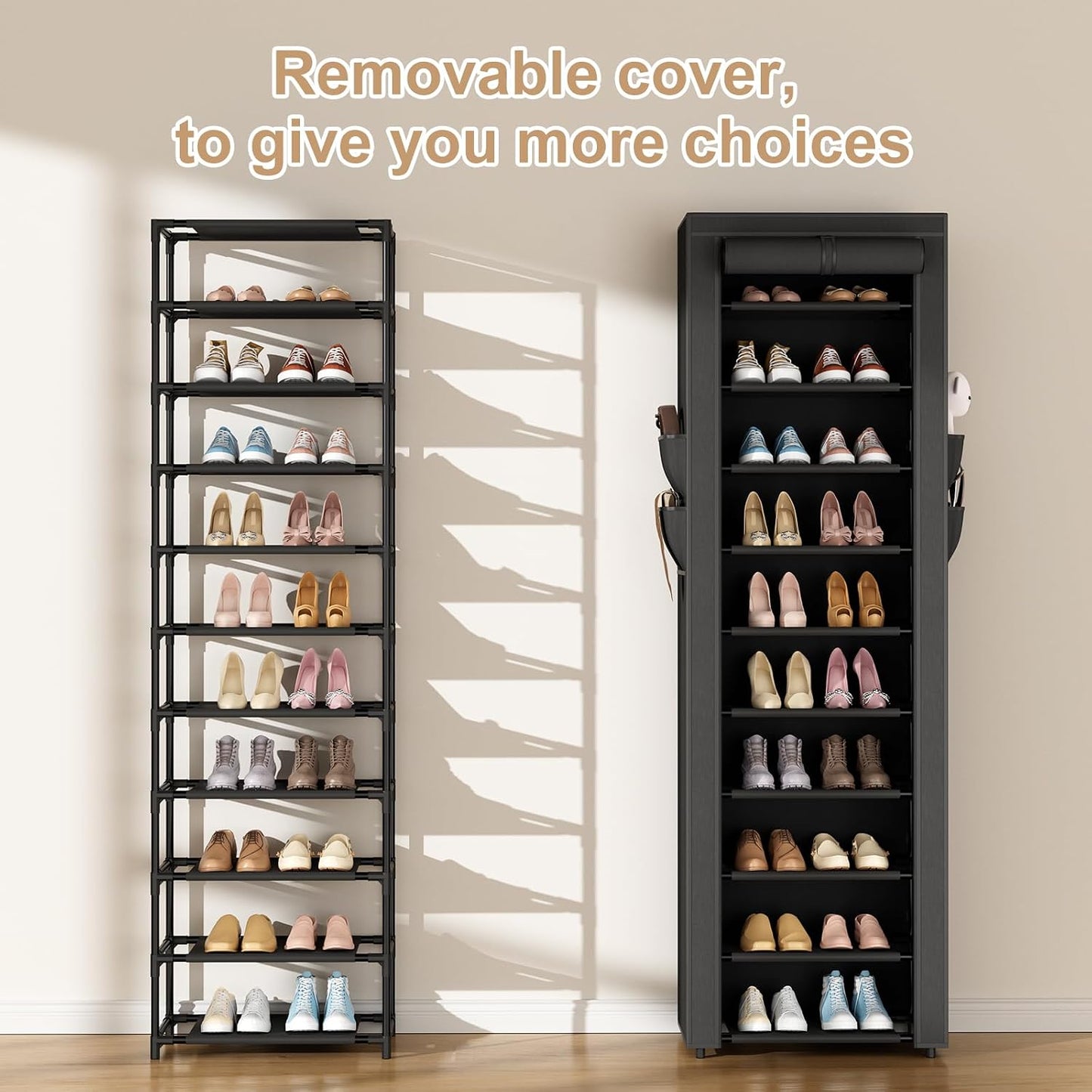 ROJASOP 10 Tier Shoe Rack with Covers,Large Capacity Stackable Tall Shoe Shelf Storage to 50-55 Pairs Shoes and Boots Sturdy Metal Free Standing Shoe Rack Organizer for Closet Entryway Garage