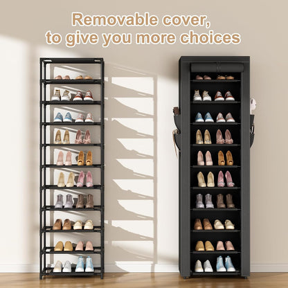 ROJASOP 10 Tier Shoe Rack with Covers,Large Capacity Stackable Tall Shoe Shelf Storage to 50-55 Pairs Shoes and Boots Sturdy Metal Free Standing Shoe Rack Organizer for Closet Entryway Garage