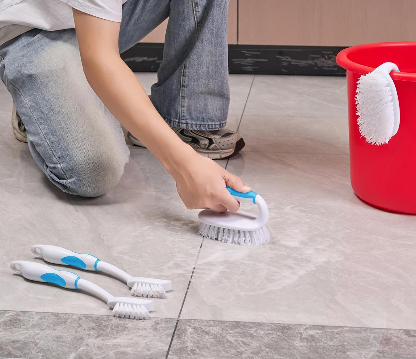 Scrub Brush Set, 4 Pack Deep Cleaning Brush Kit - 2 Scrub Brush, 2 Tile & Grout Brush with Built-in Scraper, Household Commercial Scrubber for Floor, Shower, Pool Wall, Tub (Green)