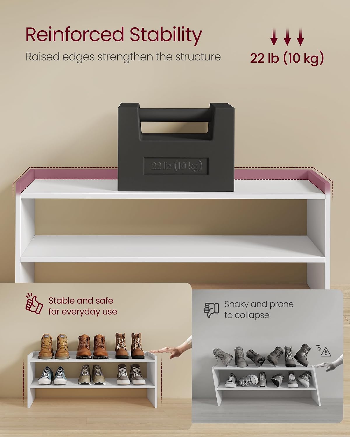 VASAGLE CUSTOS Collection - Shoe Rack for Closet, Stackable Shoe Organizer Shelf for Entryway, 2 Tiers, 11.7 x 24.4 x 14.2 Inches, White ULBS062WZ01S