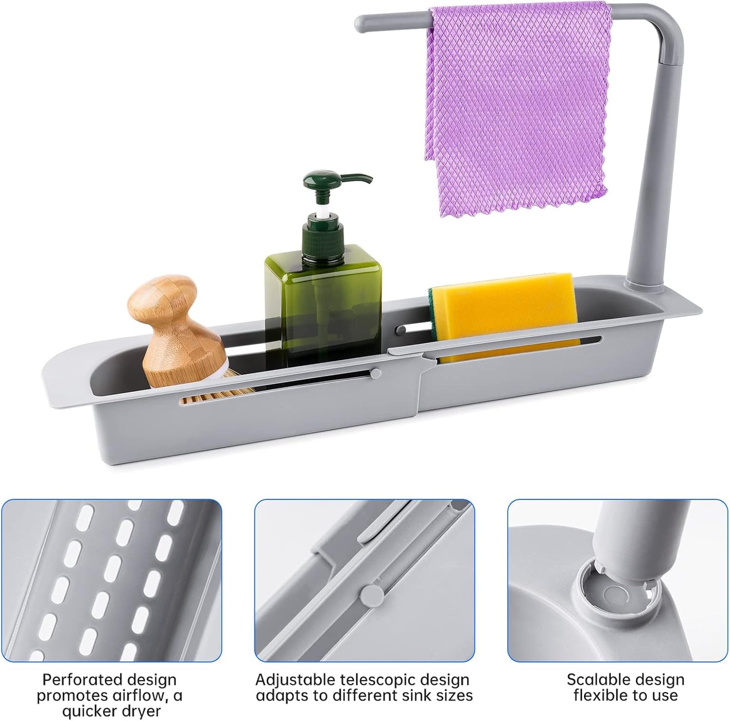 NiHome Telescopic Kitchen Over Sink Organizer with Towel Hanger, Expandable Slim Drain Basket Multifunctional Caddy Adjustable Length Colander Rack Sponge Holder Storage Tray for Home Bathroom (Grey)