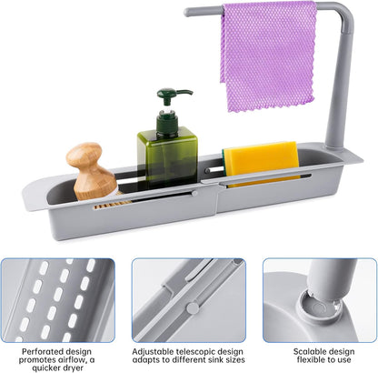 NiHome Telescopic Kitchen Over Sink Organizer with Towel Hanger, Expandable Slim Drain Basket Multifunctional Caddy Adjustable Length Colander Rack Sponge Holder Storage Tray for Home Bathroom (Grey)