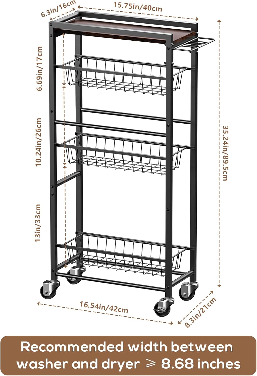 4 Tier Slim Rolling Storage Cart with Pull-Out Baskets, Narrow Sliding Storage Slim Laundry Cart Slim Rolling Kitchen Cart