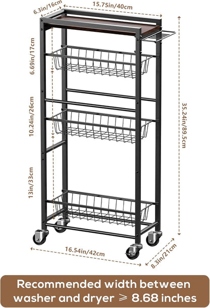 4 Tier Slim Rolling Storage Cart with Pull-Out Baskets, Narrow Sliding Storage Slim Laundry Cart Slim Rolling Kitchen Cart