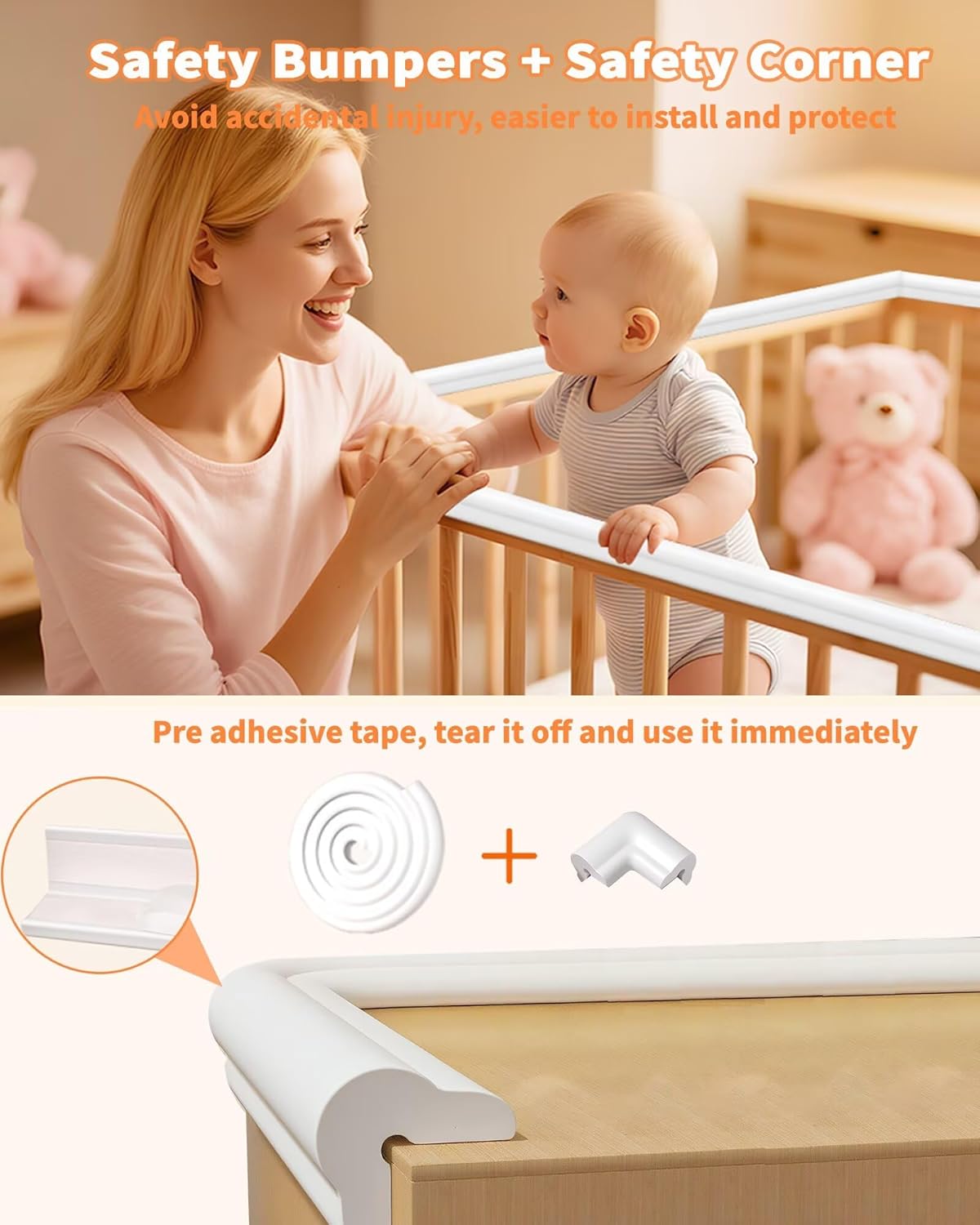 Baby Proofing Edge Protector, 6.6FT, 0.67" Extra Thick, Pre-Taped | L-Shape Air Buffering Soft NBR Rubber Foam Guard, Furniture Corner & Edge Safety Bumpers with 6 Corner Covers, White