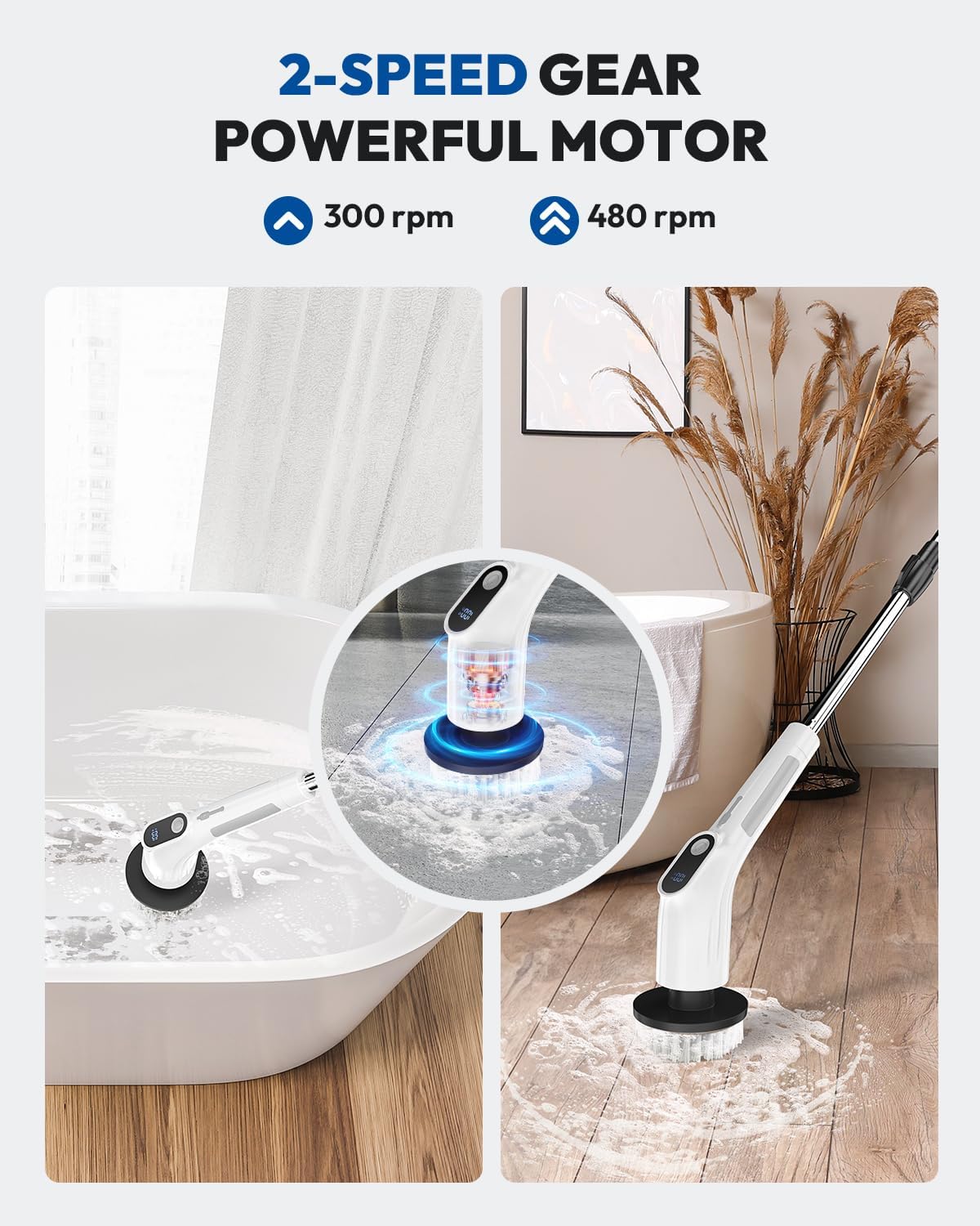 Electric Spin Scrubber for Cleaning - Upgraded Cordless Cleaning Brush Scrubber - IPX7 Waterproof Power Scrubber with 7 Brush Heads, Extended Handle and 2 Speeds for Bathroom Shower Bathtub Floor
