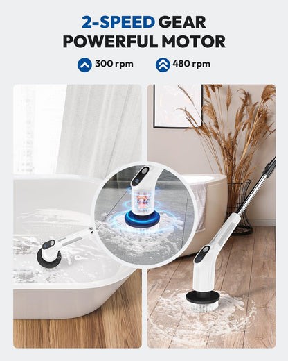 Electric Spin Scrubber for Cleaning - Upgraded Cordless Cleaning Brush Scrubber - IPX7 Waterproof Power Scrubber with 7 Brush Heads, Extended Handle and 2 Speeds for Bathroom Shower Bathtub Floor
