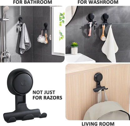 LEVERLOC Razor Holder for Shower 2 Pack, Powerful Suction Cup Shower Hooks for Towel, Loofah, Razor, Squeegee, Damage-Free Wall Hooks, Shaver Holder for Bathroom, Easy to Install and Reuse, White