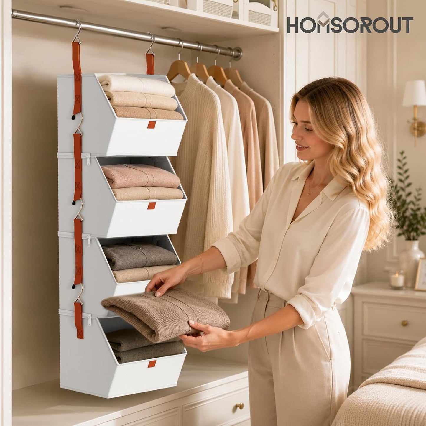 Homsorout Hanging Closet Organizer 4 Tier - Clothes Hanging Shelves, Space-Saving Closet System, Fabric Storage Bins Bedroom Organization, Collapsible Baskets for Home, Dorm, Rv, Beige