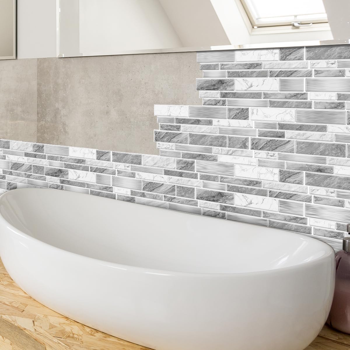 Heikki Peel-and-Stick Self-Adhesive Wall Tiles, 4.7×9.7-inch Kitchen & Bathroom Splashback Tiles, Marble Pattern Design (48-Piece Set) (Black-Gray)