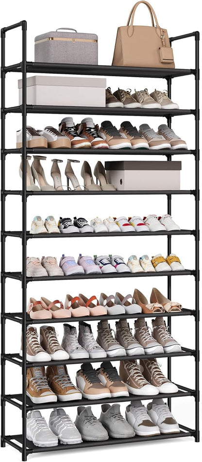 SONGMICS Shoe Rack, 10-Tier Shoe Shelf, Shoe Storage Organizer, 11 x 17.7 x 68 Inches, Metal Frame, Non-Woven Fabric Shelves, for Entryway, Bedroom, Black ULSH010B02