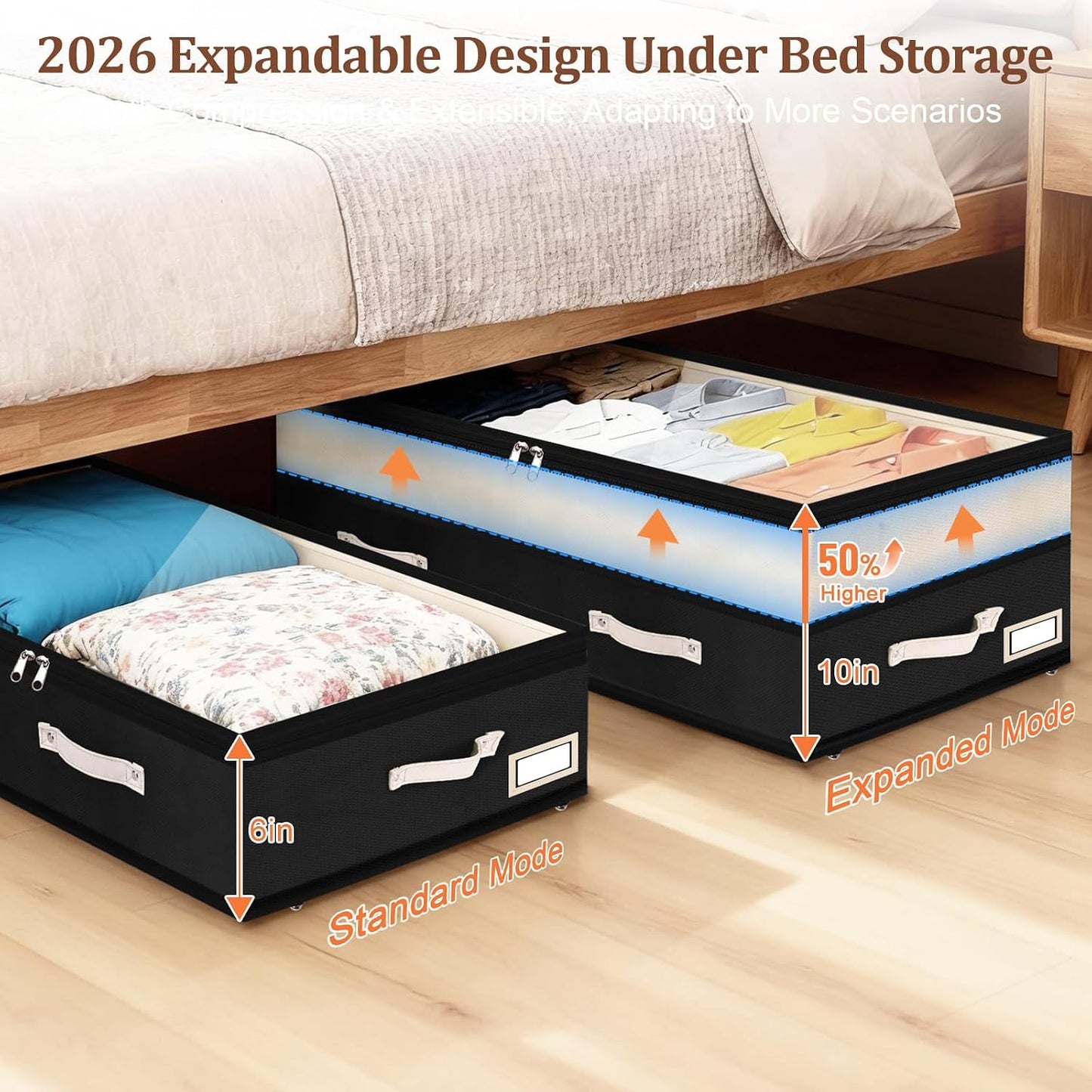 Dolicer 2 Pack Under Bed Storage with Wheels, 6in-10in Height Adjustable Underbed Storage Containers, 92L XXXL Under Bed Drawers Rolling Bin with Clear Lids for Dorm Shoes Clothes Organizers(Grey)