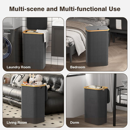 160L Laundry Hamper with Lid, 3 Section Laundry Basket with 3 Removable Bag | Clothes Hampers for Laundry with Bamboo Frame Handle, Large Dirty Clothes Hamper for Laundry Room, Bathroom, Bedroom, Black