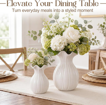 3 Pack White Ceramic Vase Set Small Rustic Decorative Vases Home Decor Wavy Edge Modern Flower Vases for Farmhouse Table Centerpiece Living Room Kitchen Bedroom (5.7,6.7,7.9in,Elegant)