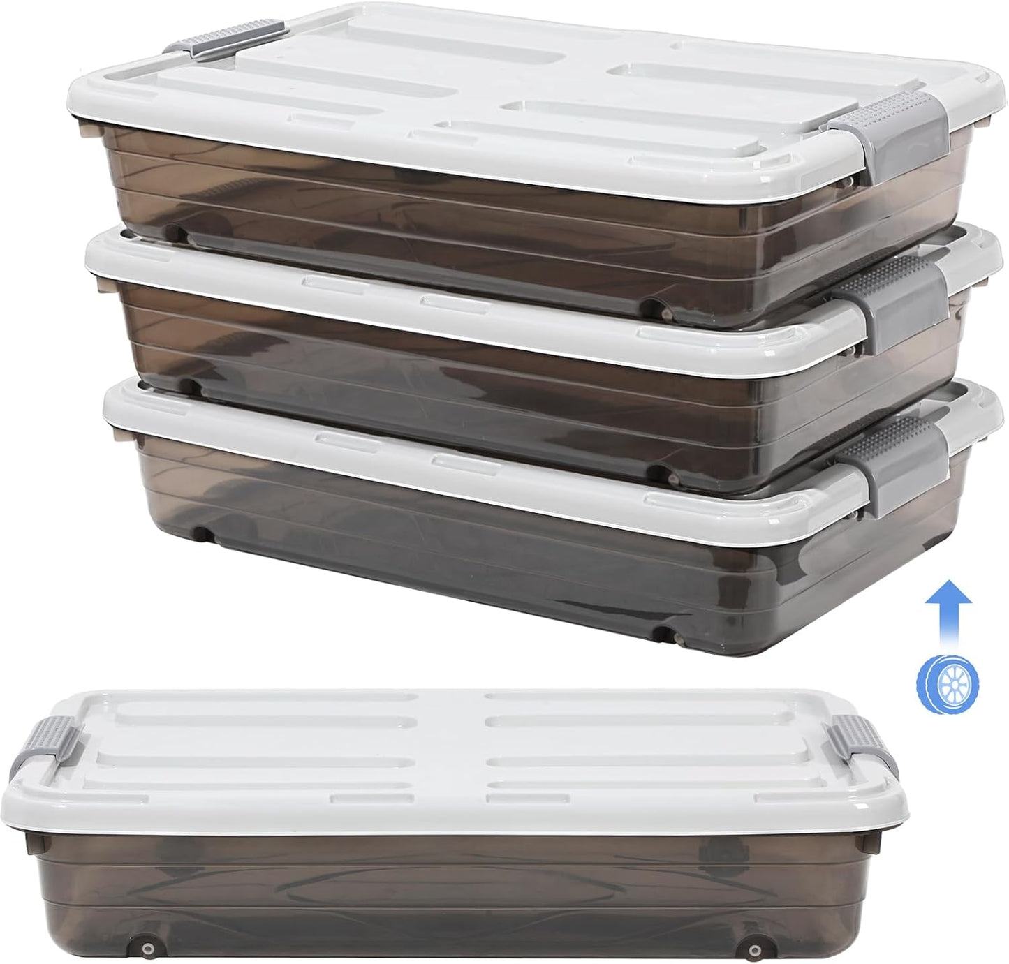 Beeveer 4 Pcs Plastic Under Bed Storage Containers with Lid Wheel Handle, Transparent Large Capacity Stackable Latching Storage Bins for Closet Bedroom Clothes Shoes Blanket(23.7 x 15.8 x 5.2,White)