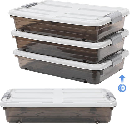 Beeveer 4 Pcs Plastic Under Bed Storage Containers with Lid Wheel Handle, Transparent Large Capacity Stackable Latching Storage Bins for Closet Bedroom Clothes Shoes Blanket(23.7 x 15.8 x 5.2,White)