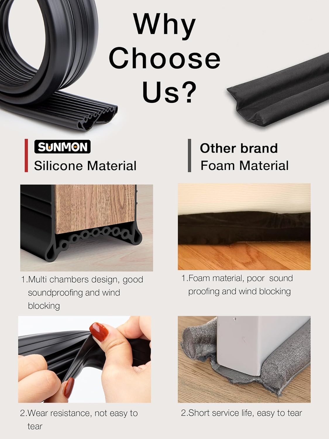 SUNMON Silicone Door Draft Stopper, 39in Upgraded Door Slide-On Under Door Seal Blocker, Under Door Sweep Weather Stripping（3.25FT Black）