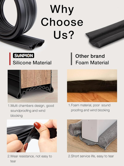SUNMON Silicone Door Draft Stopper, 39in Upgraded Door Slide-On Under Door Seal Blocker, Under Door Sweep Weather Stripping（3.25FT Black）