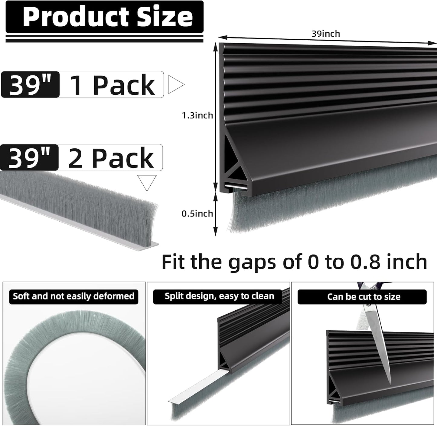 39” Under Door Draft Stopper with Brush,Bottom of Door Sweeps for Exterior & Interior,Gap Filler Sound Blocker Seal Strip,Draft Guard Dust Stopper(Black)