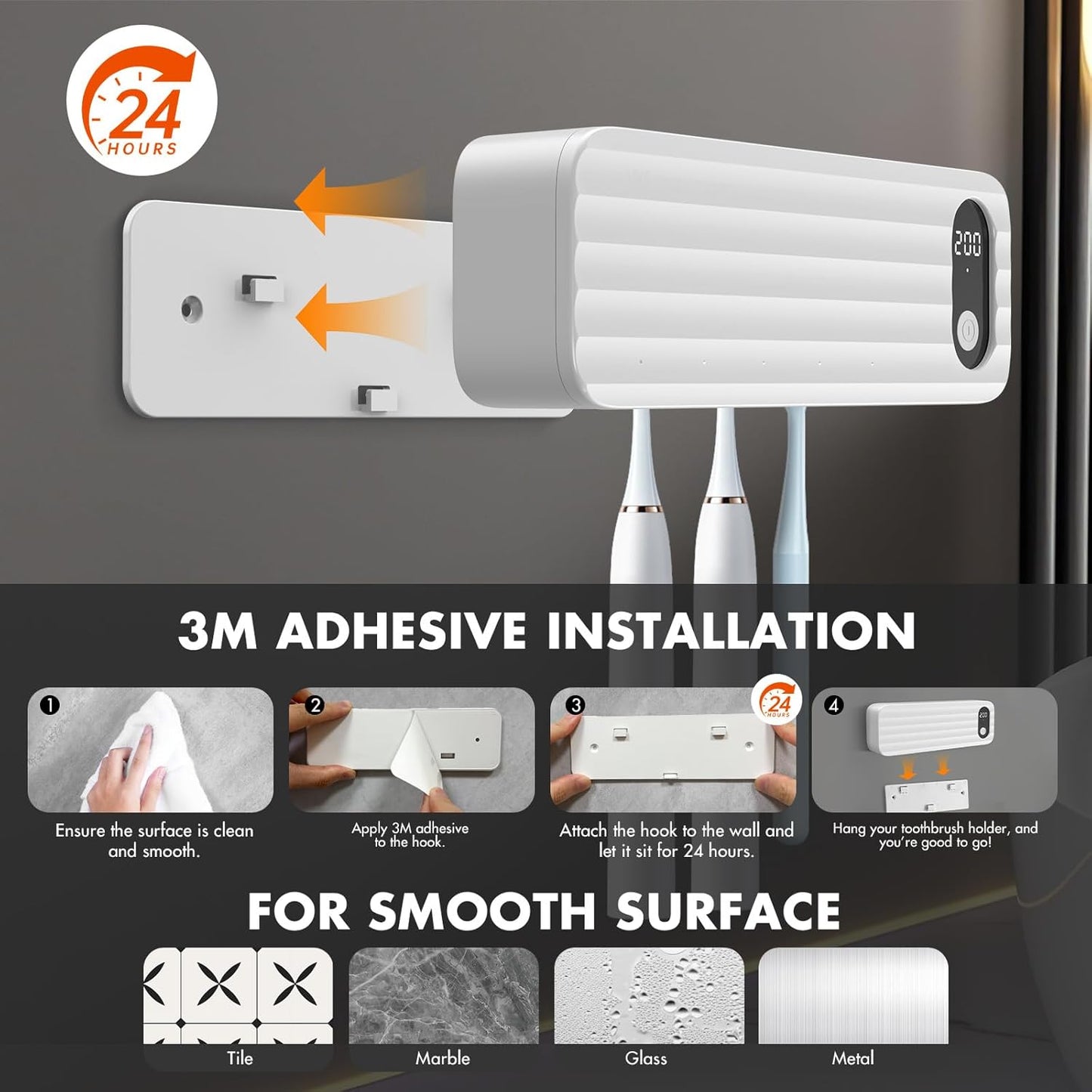 Auntyfey Sanitizeri Toothbrush Cleaner with 5 Slots, Smart Sanitizeri Toothbrush Holder Organizer, Cordless No Drilling Wall Mounted Rechargeable Holders for Bathroom Family, 200/400s Timer Function