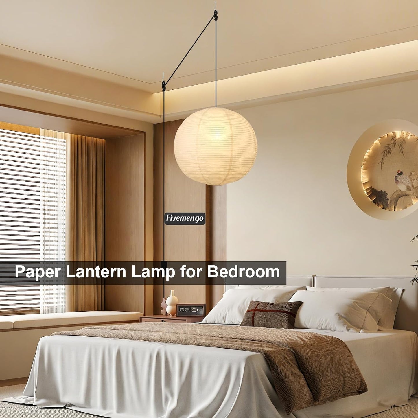 Paper Lantern Lamp Plug in Hanging Lamp 23.6in Off-White Rice Paper Pendant Light with 19.7FT Cord Large Globe Japanese Japandi Wabi Sabi Chandelier for Dining Living Room Bedroom 1 Pack