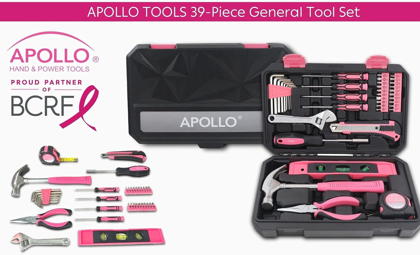 Apollo Tools Original 39 Piece General Household Tool Set in Toolbox Storage Case with Essential Hand Tools for Everyday Home Repairs, DIY and Crafts Red/Black - DT9706