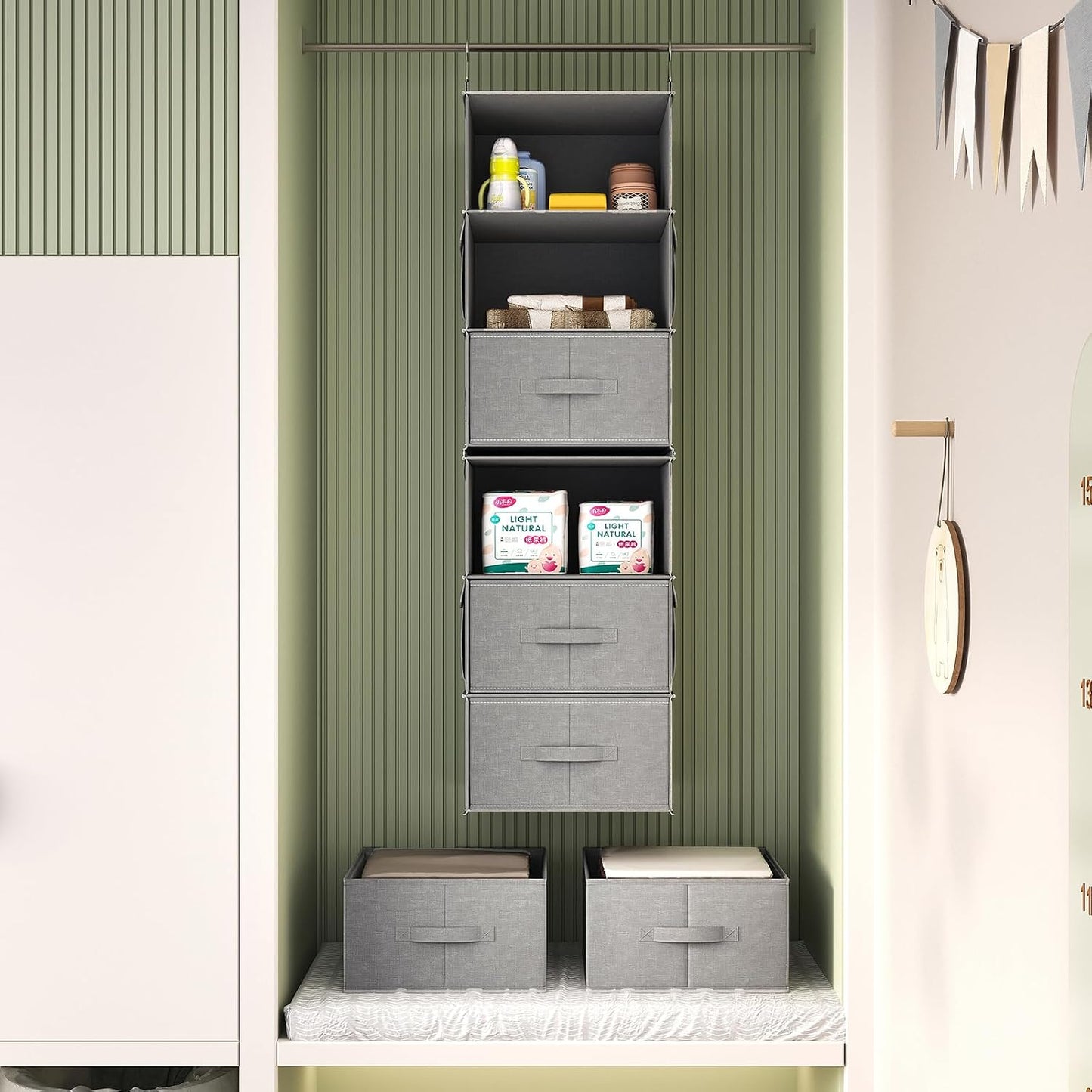 Vailando 6-Shelf Hanging Closet Organizer with 3 Drawers, 2 Separable 3-Shelf Closet Organizers and Storage for Wardrobe Organization, Hanging Dresser for Nursury & Dorm Clothes Organizer