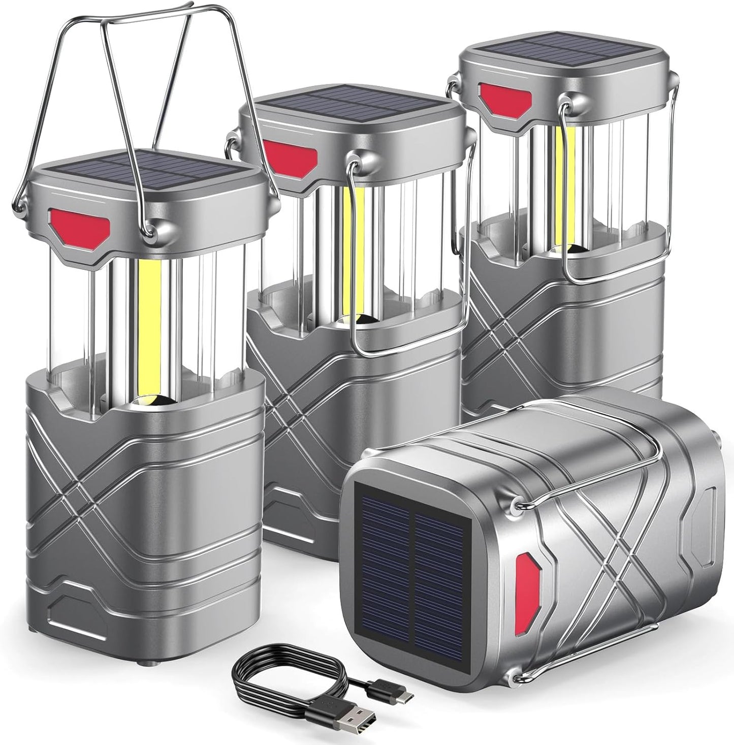 LETMY 4 Pack Camping Lantern, Rechargeable LED Lanterns, Solar Lantern Battery Powered Hurricane Lanterns Flashlight with 3 Powered Ways & USB Cable for Emergency, Power Outage, Hurricane Supplies