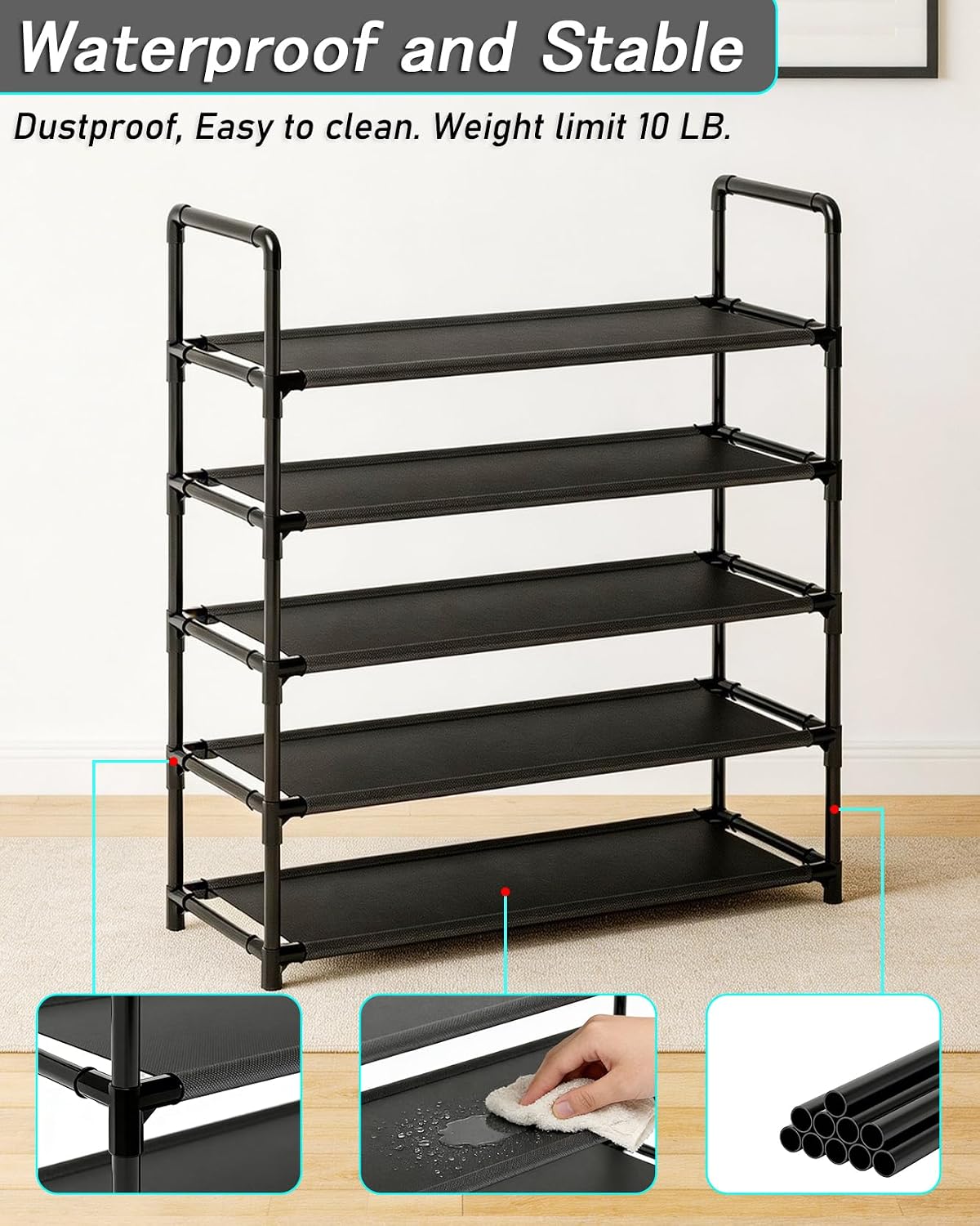 5 Tier Tall Shoe Rack Large Capacity, 34.5" Wide Entryway Shoe Organizer, Stackable Metal Frame Waterproof Nonwoven Shelves, Holds 20-25 Pairs, Space Saving Storage for Closet Hallway Garage, Black