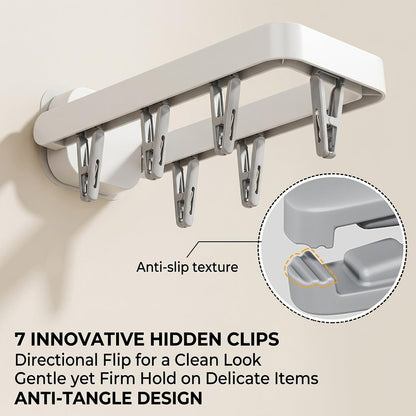 Foldable Wall Mounted Drying Rack with 7 Hidden Clips, Punch-Free Adhesive Sock & Underwear Hanger, Collapsible Space-Saving Laundry Rack for Bathroom, Balcony & Washstand, Holds 11 lbs (White-1 Pcs)