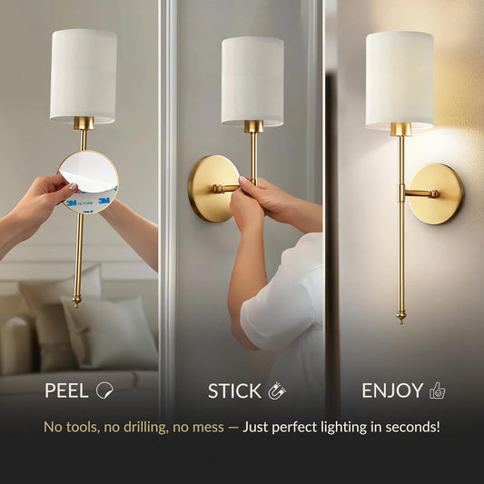 PRIDOLA Set of 2 Wireless Wall Sconces - Stick-On or Screw Mount for Easy Installation with Rechargeable LED Bulbs, Remote Controlled, Adjustable Brightness & Warmth, Vintage Wall Decor (Gold)
