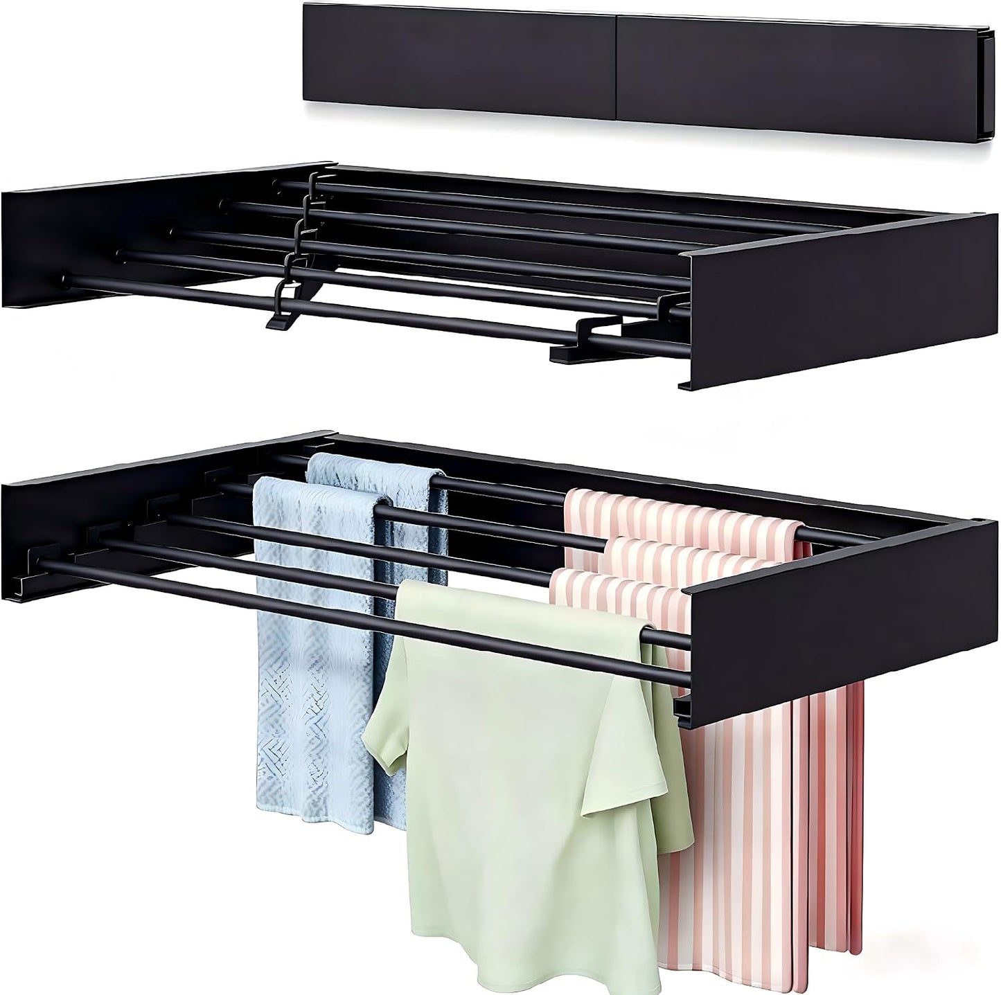 Wall Mounted Laundry Drying Rack, Carbon Steel Foldable & Retractable Clothes Drying Rack, Space Saving Adjustable Towel Holder for Bathroom, Laundry, Small Spaces (1, White, 31.5")